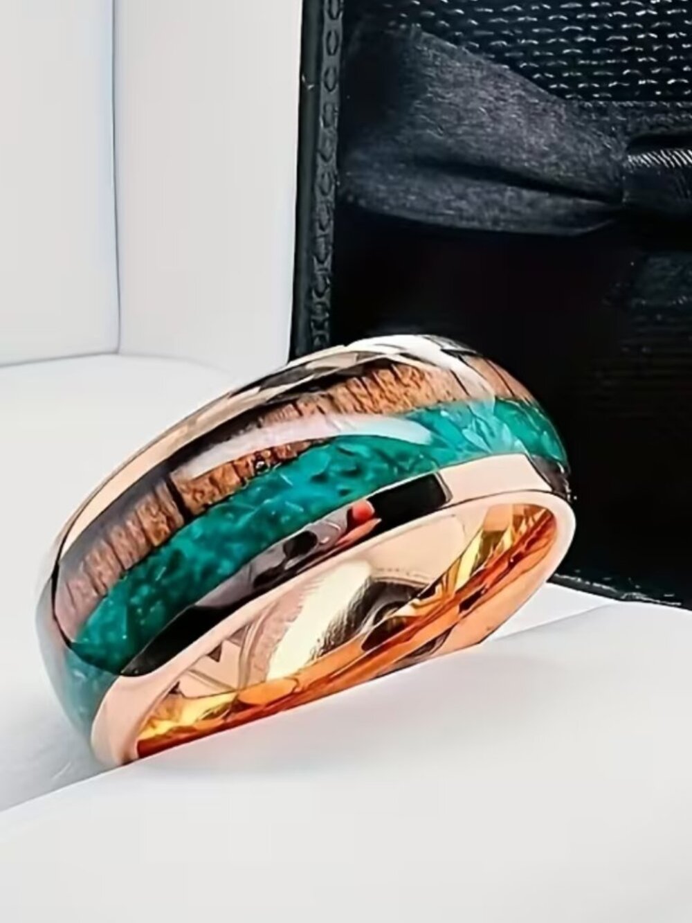 Ring Curved Epoxy Inlaid Malachite & Acacia Wood Men’s Ring Stainless Steel 8mm